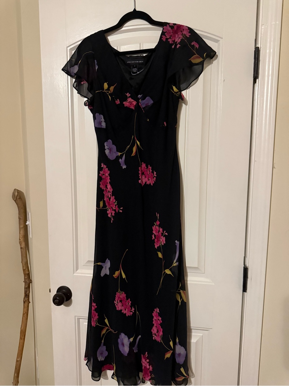 Jones New York Black Floral Maxi Dress with Pink and Purple Blooms